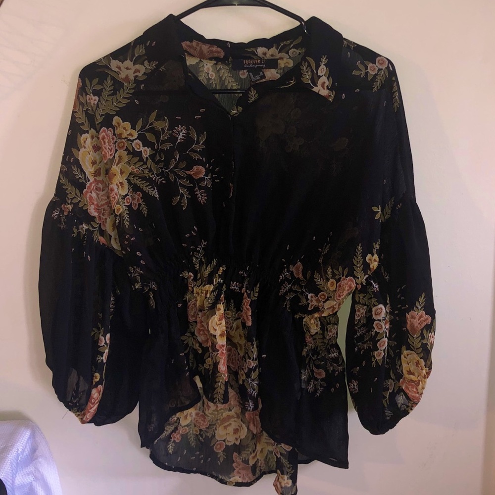 Black Floral Blouse With Puffed Sleeves